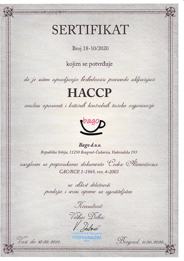 Bago uvodi HACCP svojim klijentima i partnerima