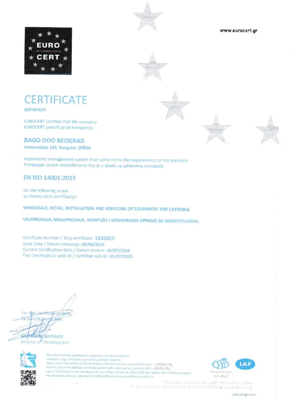 Sertifikat EN ISO 14001:2015 – Bago d.o.o.