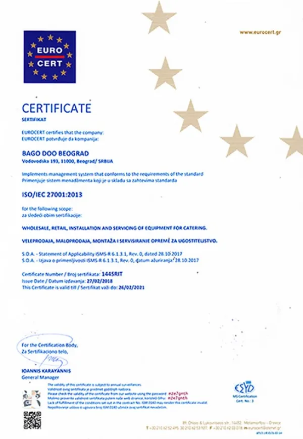Sertifikat ISO/IEC 27001:2013 – Bago d.o.o.