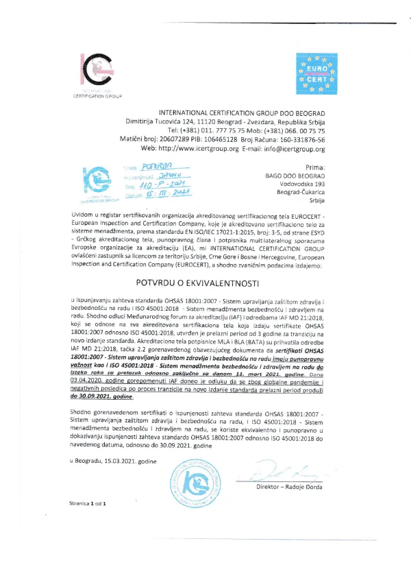 Sertifikat OHSAS 18001:2007 – Bago d.o.o.
